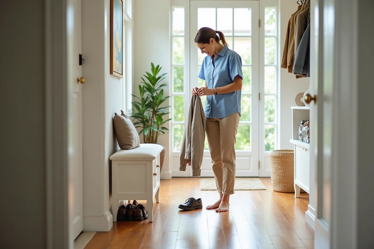 Femme organisée dans l'entrée lumineuse de la maison