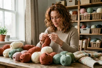 Femme tenant des pelotes de laine pour tricoter un pull taille 44, assise dans un atelier couture chaleureux