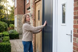Femme devant trois portes de maison différentes en extérieur