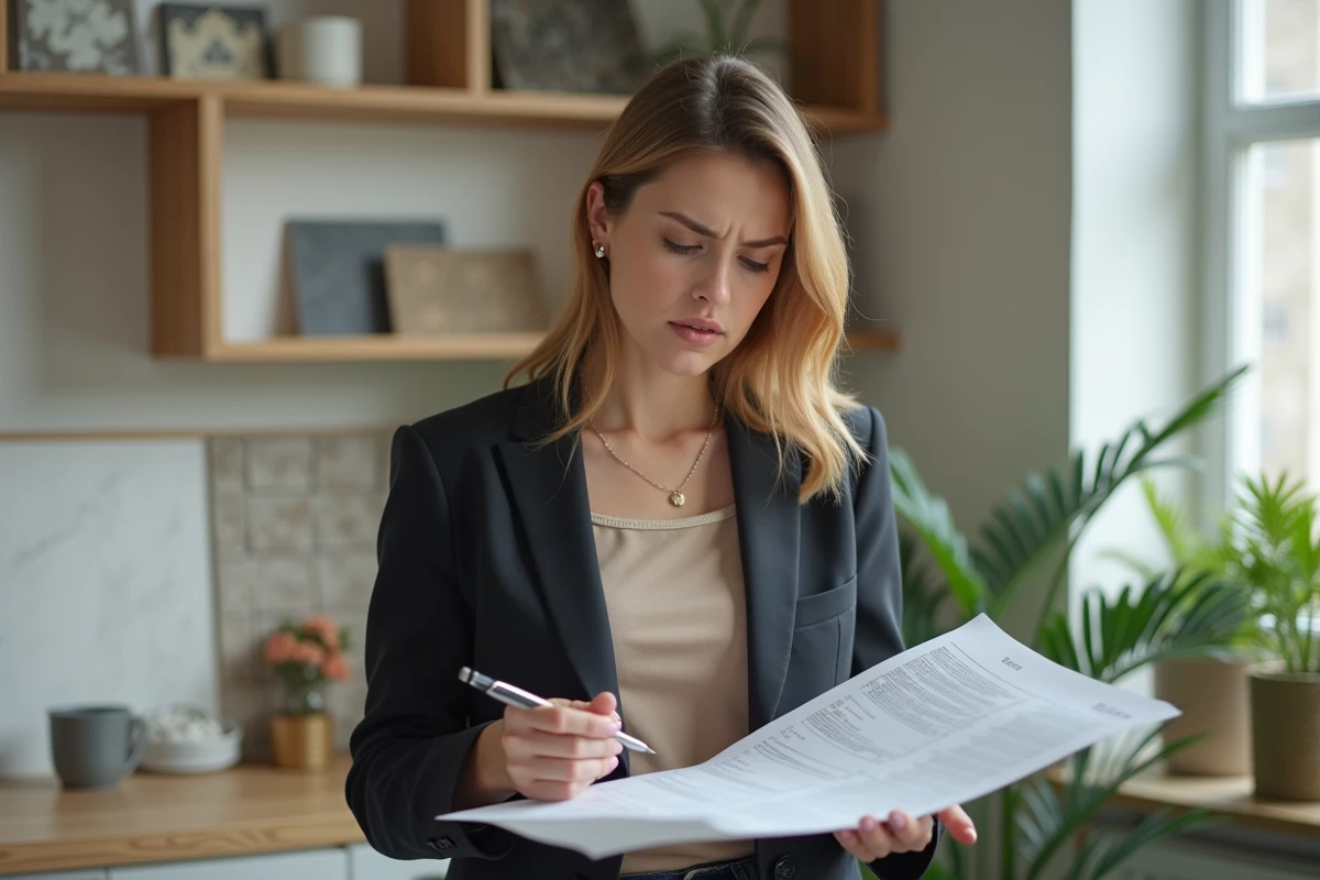 Jeune femme pointant un devis de sol dans un bureau de rénovation