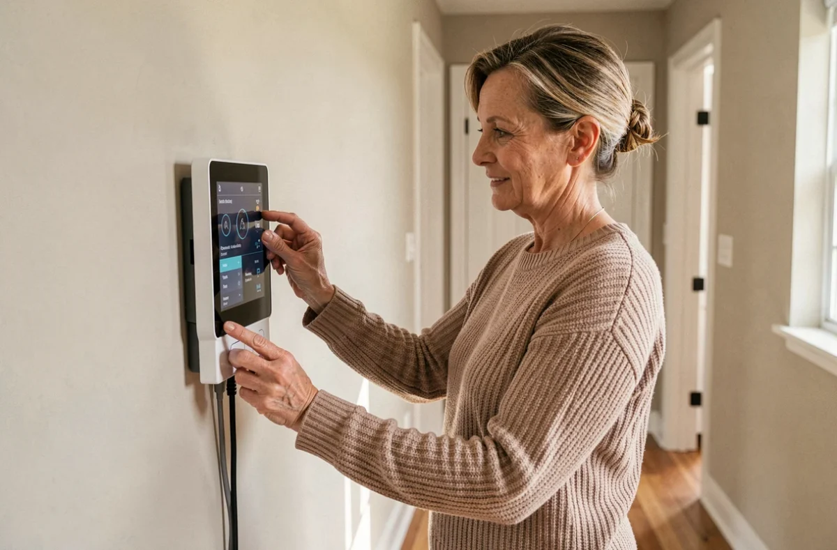 Femme réglant le thermostat connecté de sa pompe à chaleur air eau à domicile