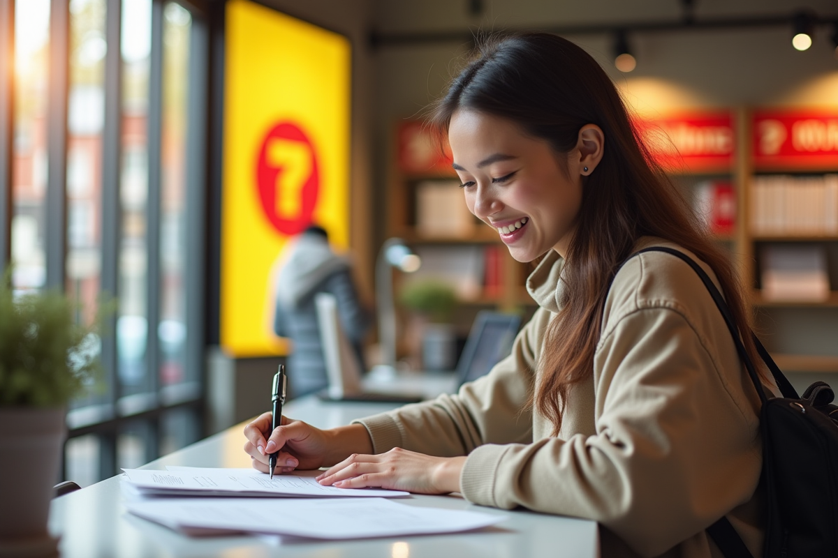 Jeune femme souriante remplissant un formulaire de changement d'adresse à la poste