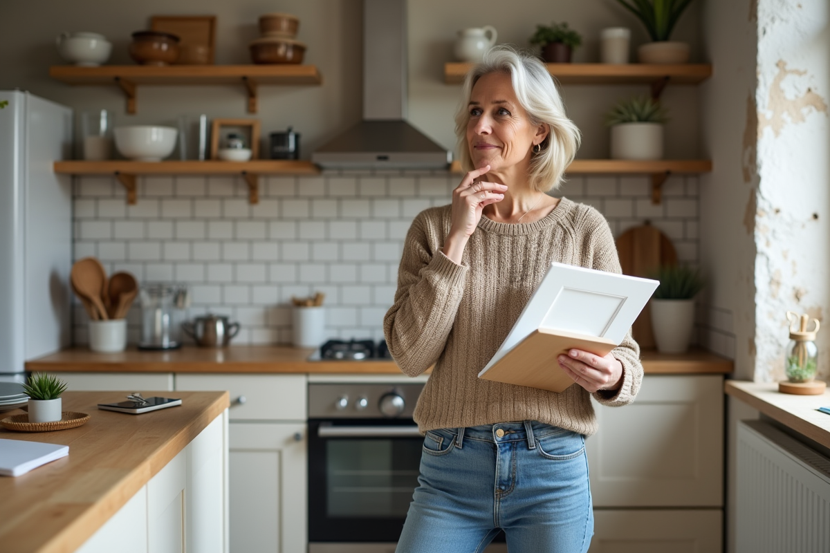 Femme réfléchissant dans une cuisine en rénovation