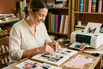 Femme assemblant un album scrapbooking avec des photos imprimées sur son bureau créatif, imprimante photo visible en arrière-plan