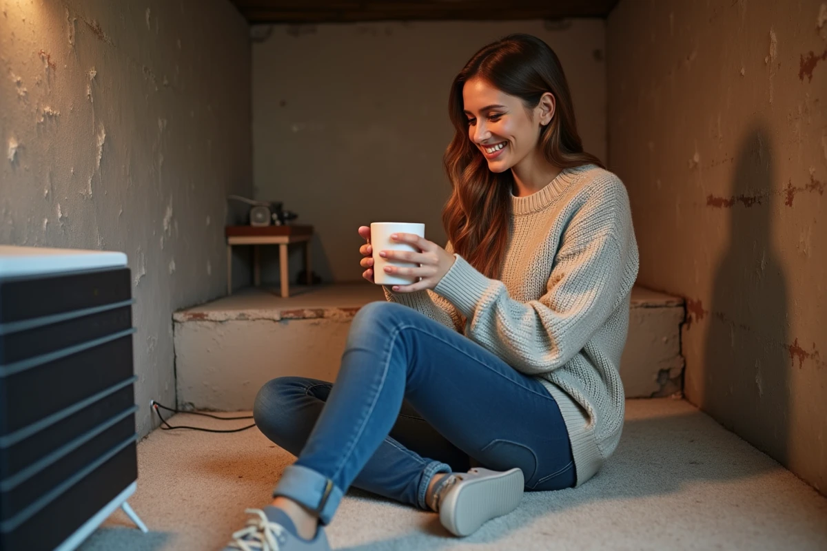 Jeune femme souriante assise près d’un chauffage dans un sous-sol