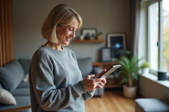 Femme d'âge moyen utilisant une tablette pour contrôler la maison connectée