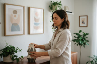 Femme en chemise en lin ajustant un vase en céramique dans un salon