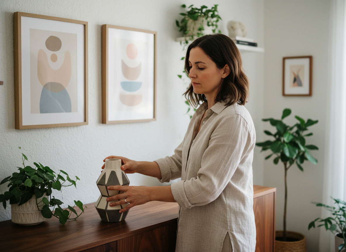 Femme en chemise en lin ajustant un vase en céramique dans un salon