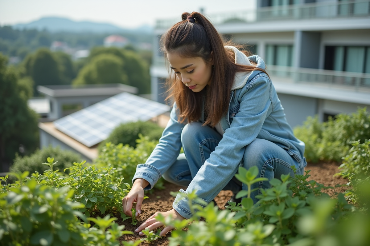 Jeune femme nettoyant les plantes d’un toit végétal