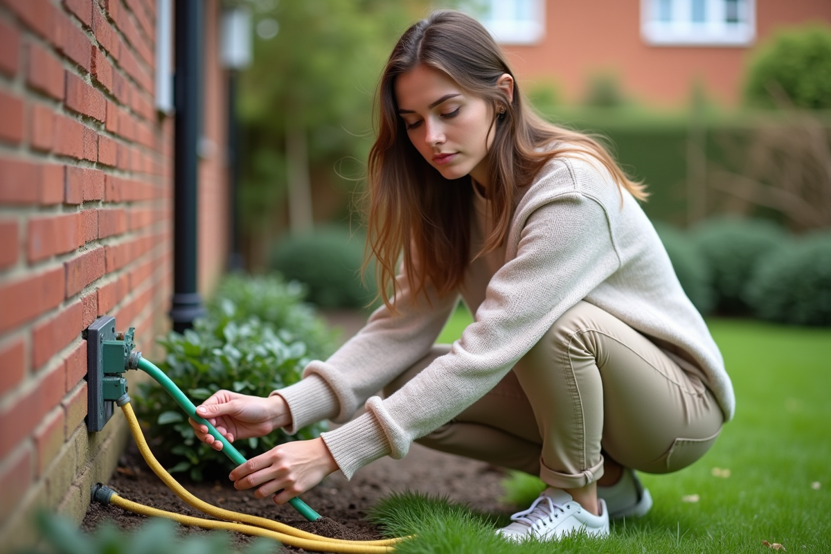 Jeune femme inspectant une terre de mise à la terre dans le jardin