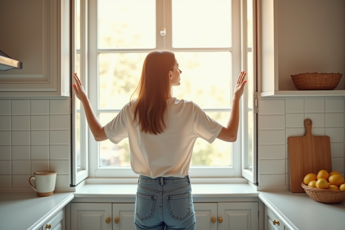 Jeune femme ouvrant une fenêtre dans une cuisine lumineuse