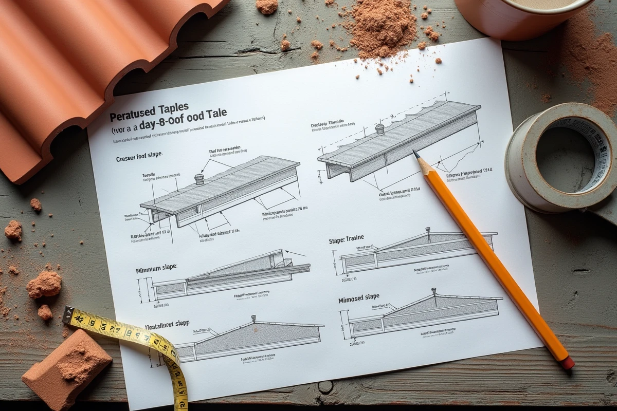 Fiche technique de pose de tuile canal avec schémas et mesures posée sur un établi de chantier