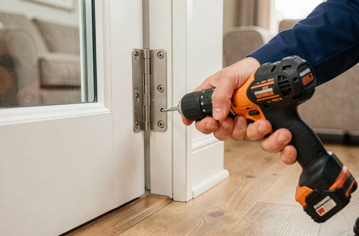 Gros plan sur la fixation des charnières d'une porte-fenêtre 2 vantaux en PVC avec une visseuse sans fil