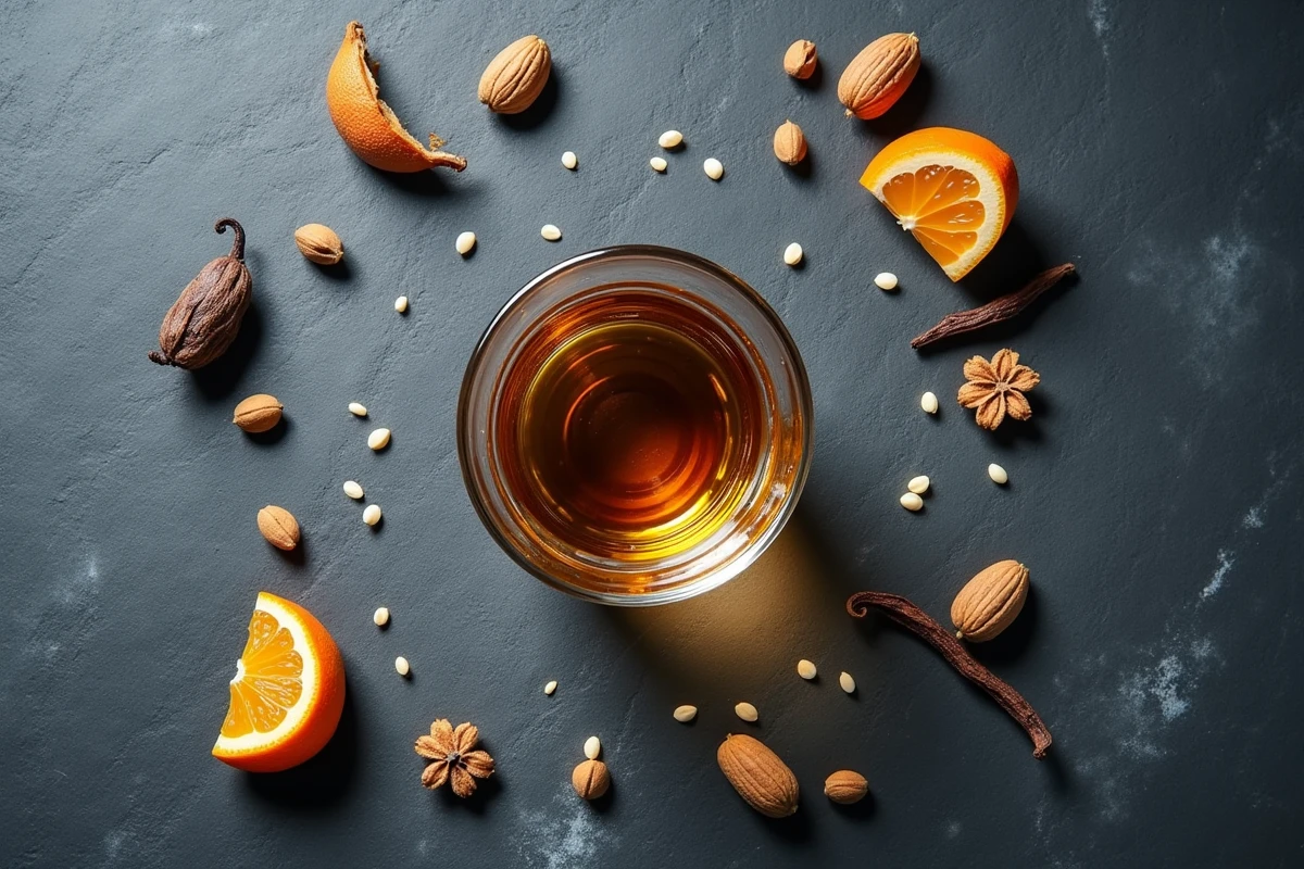 Vue de dessus d'un verre à whiskey Glencairn entouré de notes de dégustation, d'épices et d'ingrédients aromatiques sur une ardoise grise
