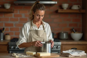 Femme versant du savon fondu dans un moule en silicone sur un plan de travail en bois rustique