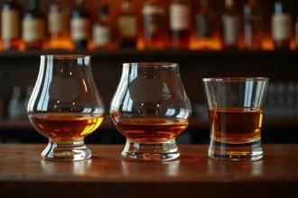 Trois verres à whiskey de formes différentes — Glencairn, tumbler et snifter — posés sur un bar en bois sombre avec du whisky ambré