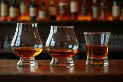 Trois verres à whiskey de formes différentes — Glencairn, tumbler et snifter — posés sur un bar en bois sombre avec du whisky ambré