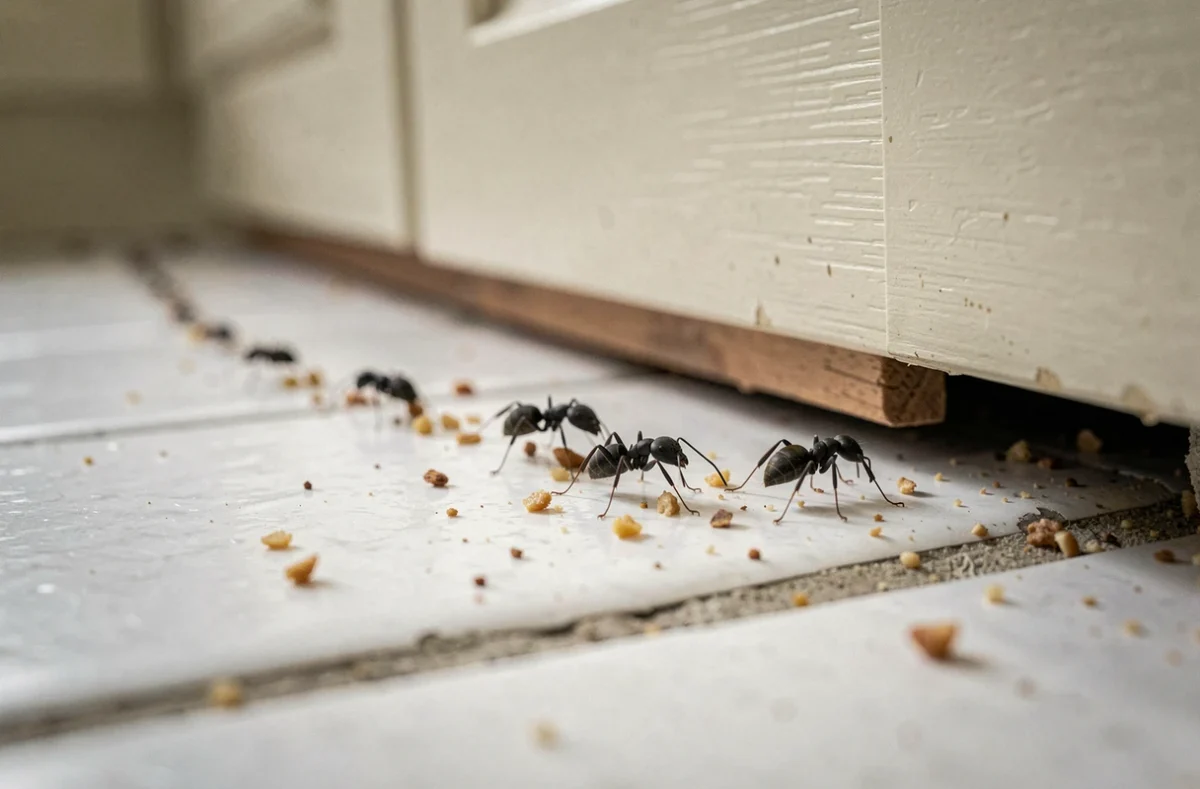 Colonie de fourmis noires traversant le carrelage d'une cuisine vers un meuble en bois, signifiant une infestation domestique courante