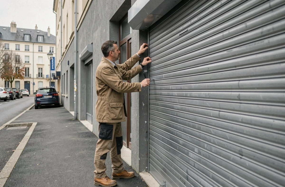 Installateur posant un volet roulant métallique de sécurité sur la façade d'un commerce