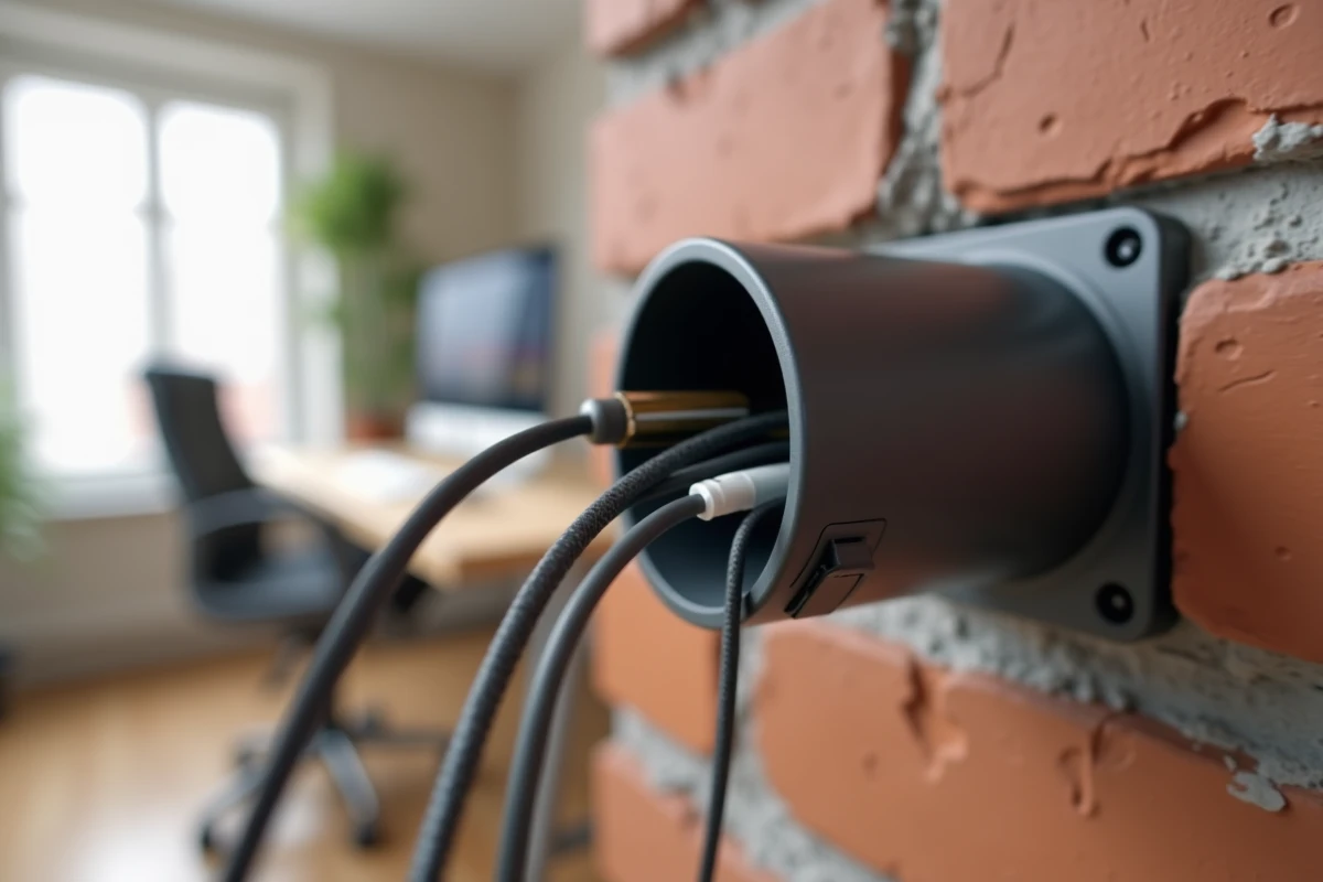 Goulotte design gris anthracite en plastique avec câbles organisés dans un bureau à domicile contemporain