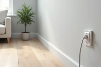 Goulotte en plastique blanche fixée en plinthe dans un salon moderne au style scandinave avec parquet clair