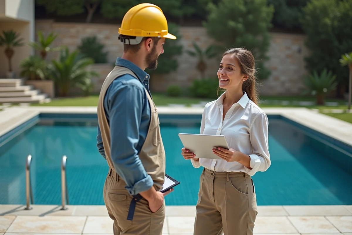 Architecte et entrepreneur évaluant le coût de construction d'une grande piscine à débordement