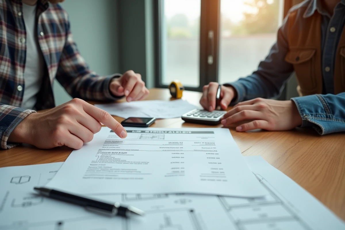 Gros plan de mains comparant les lignes d'un devis de travaux imprimé avec une calculatrice et un plan sur une table