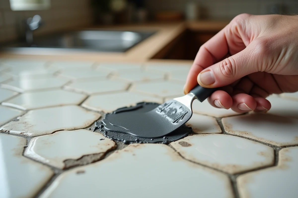 Gros plan sur l'application de joint époxy entre des carreaux anciens en rénovation cuisine