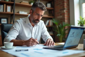 Homme en chemise blanche analysant des devis de travaux sur son bureau avec un ordinateur portable et des documents imprimés