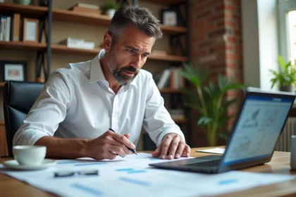 Homme en chemise blanche analysant des devis de travaux sur son bureau avec un ordinateur portable et des documents imprimés