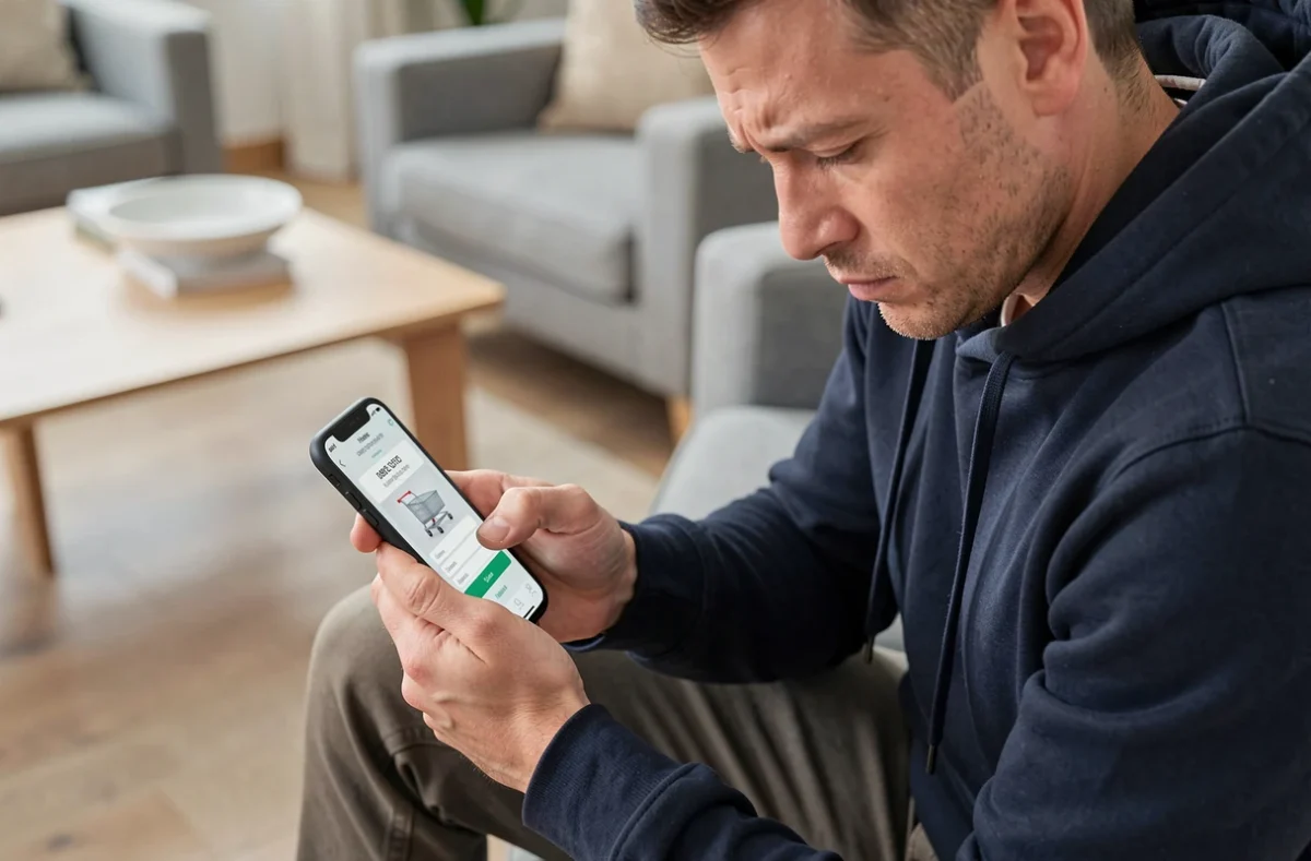 Homme utilisant un smartphone pour appliquer un code promotionnel Sklum sans erreur au moment du paiement