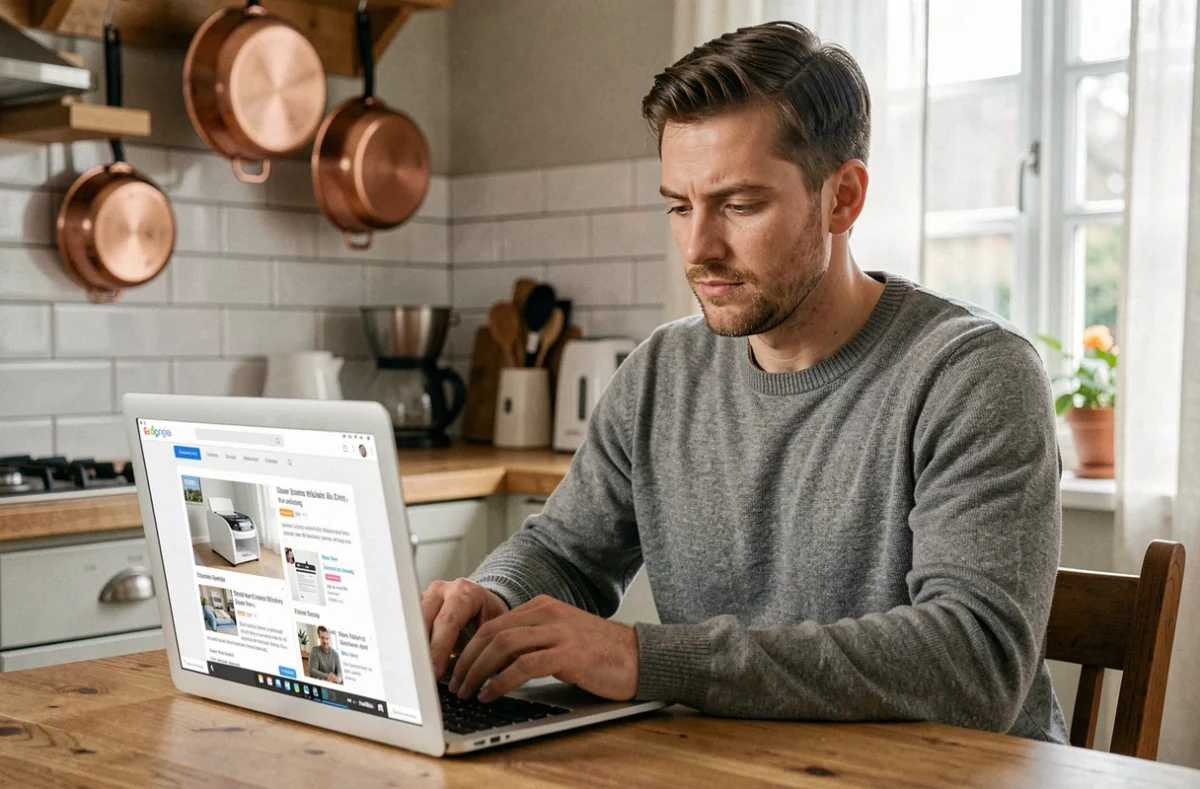 Homme consultant des avis en ligne sur les services de femme de ménage depuis son ordinateur portable dans une cuisine moderne
