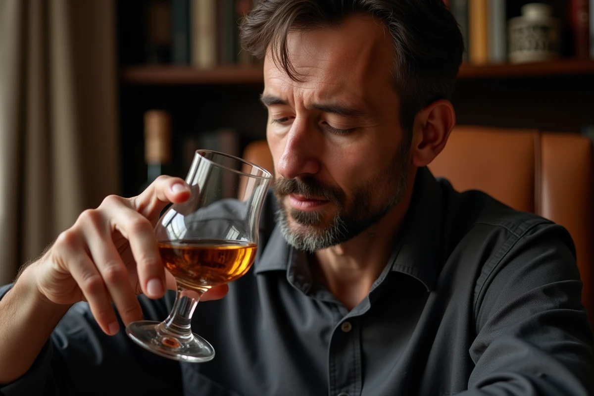 Homme dégustant un whisky dans un verre Glencairn tulipe, concentré sur les arômes, dans un bureau cosy à la maison