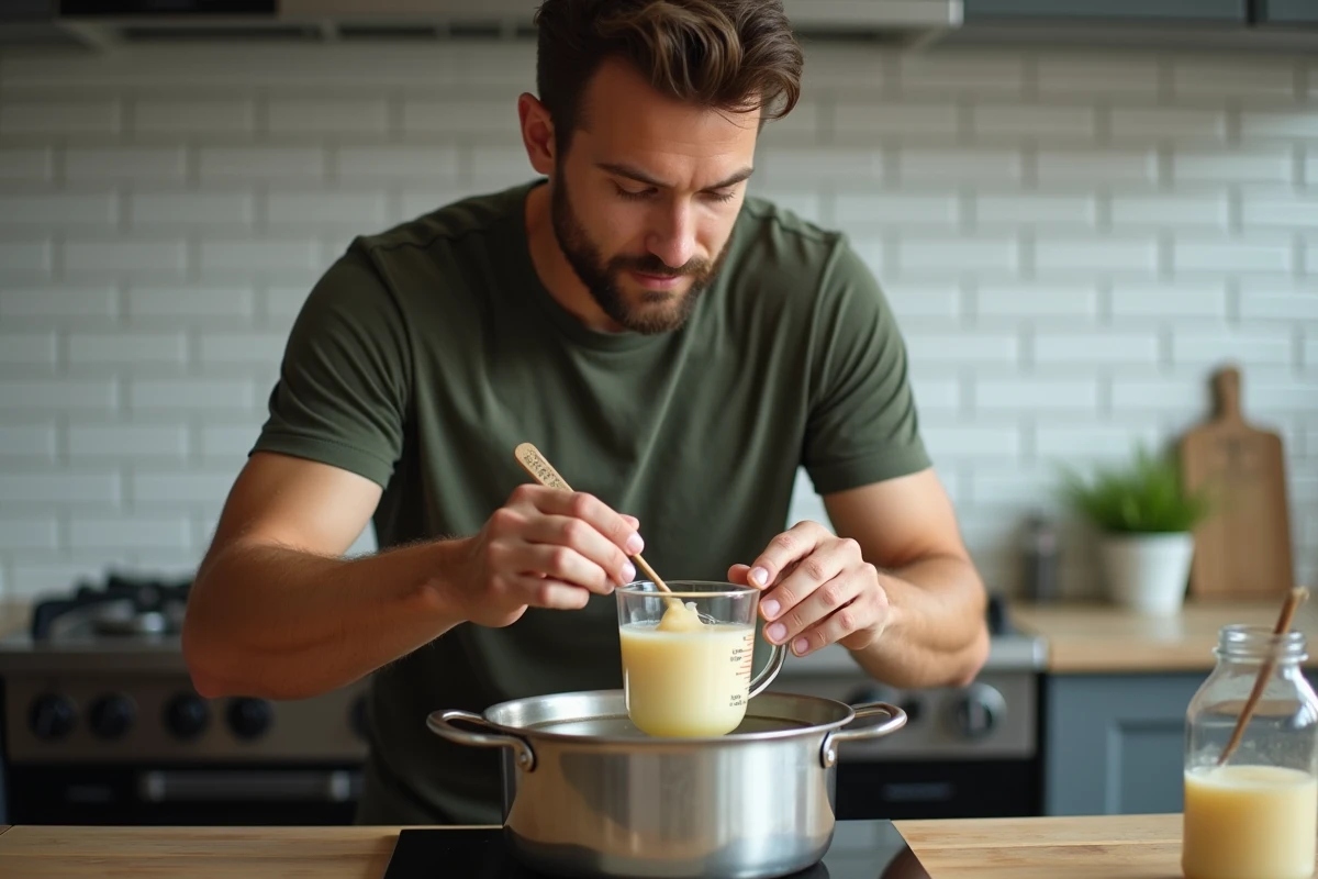 Homme faisant fondre du savon au bain-marie sur une cuisinière avec un thermomètre de cuisine