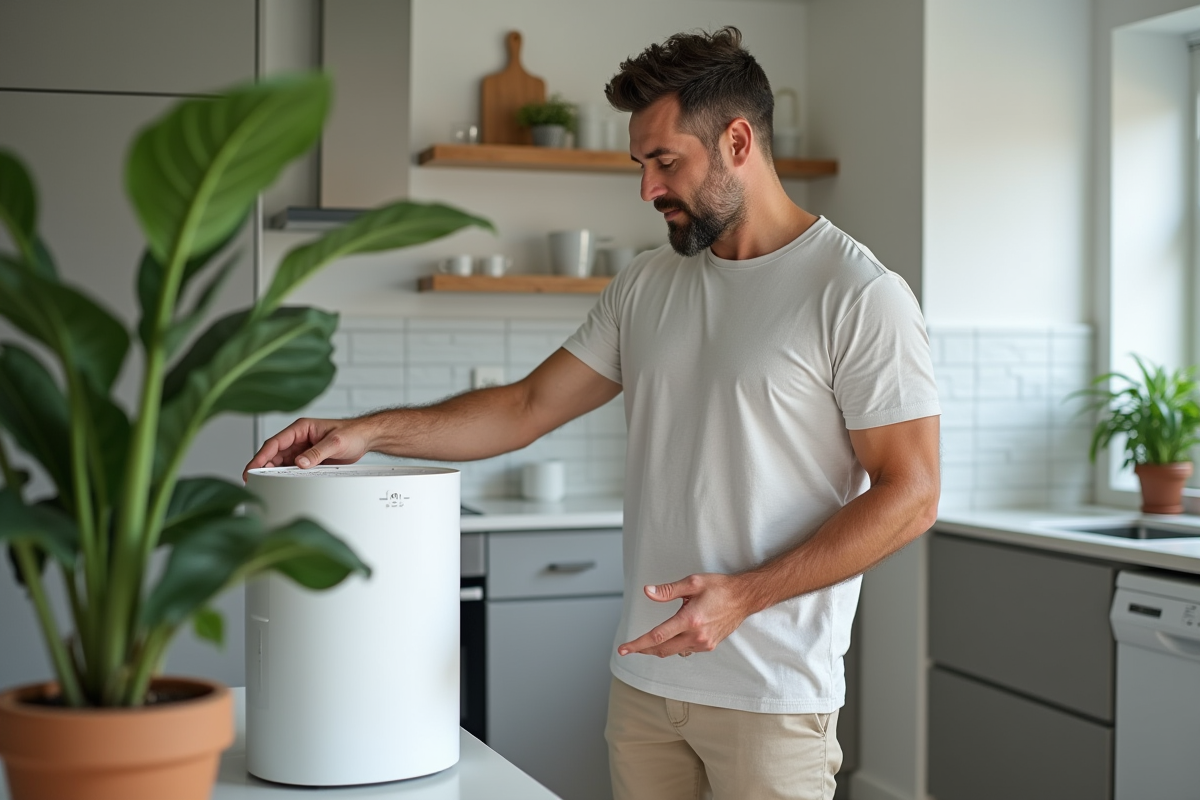 Homme vérifiant un purificateur d