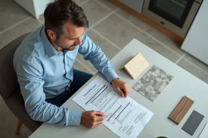 Homme d'âge moyen examinant un devis de carrelage dans la cuisine