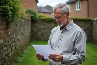 Homme lisant une lettre de notification concernant un mur mitoyen dans son jardin