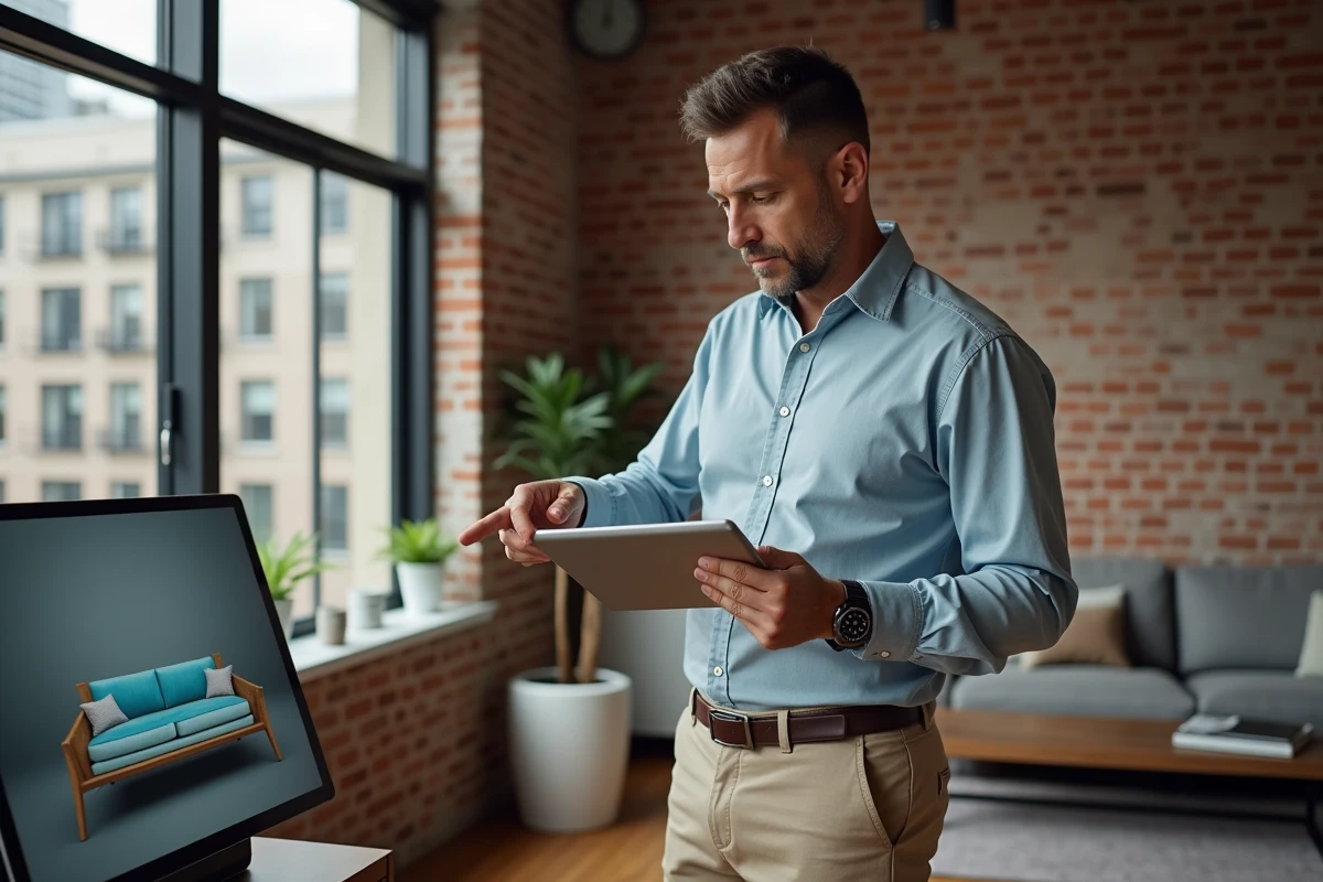 Homme examinant un plan 3D dans un loft urbain