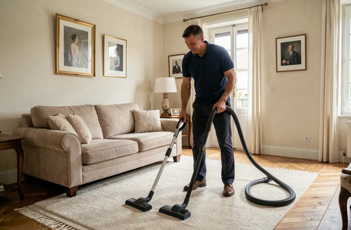 Homme d'entretien passant l'aspirateur dans un salon propre d'une maison à Poitiers