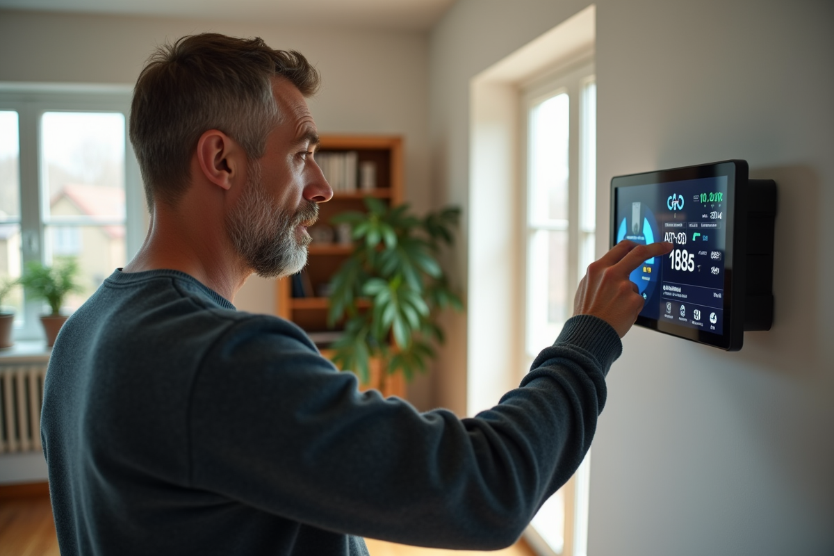 Homme d'âge moyen vérifiant un moniteur de CO2 dans un salon moderne