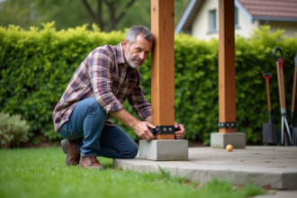 Homme en plaid assemble un gazebo dans le jardin