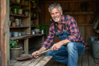 Homme en jeans et chemise à carreaux nettoyant une bêche rouillée