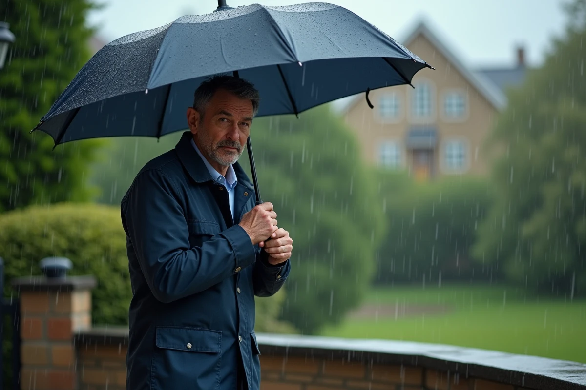 Homme en imperméable sous parapluie dans la pluie