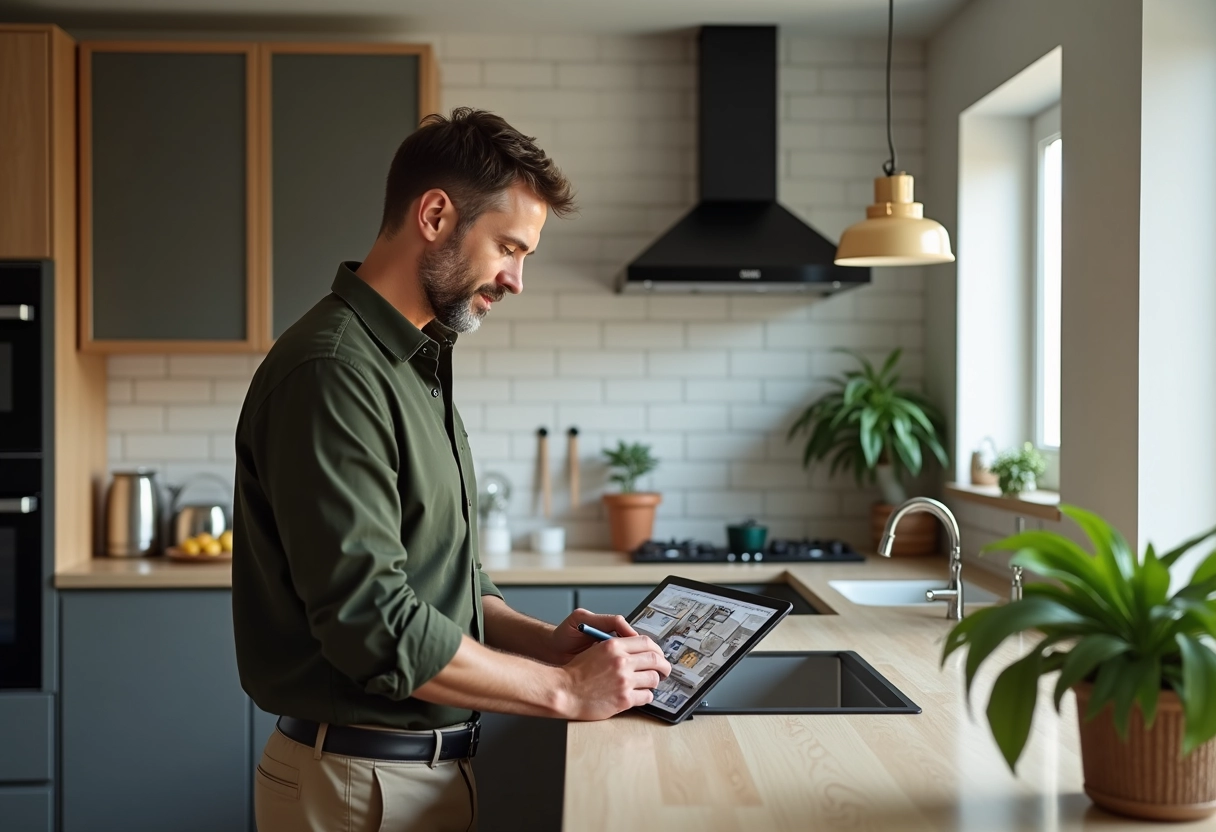 Homme utilisant une tablette pour plan 3D dans la cuisine