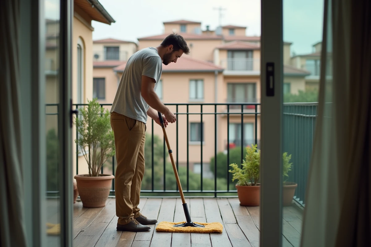 Jeune homme réparant un balai à la terrasse avec vue urbaine
