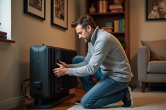 Homme d'âge moyen ajustant un chauffage électrique dans un sous-sol cosy