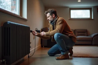 Homme d'âge moyen réglant un thermostat dans un sous-sol moderne