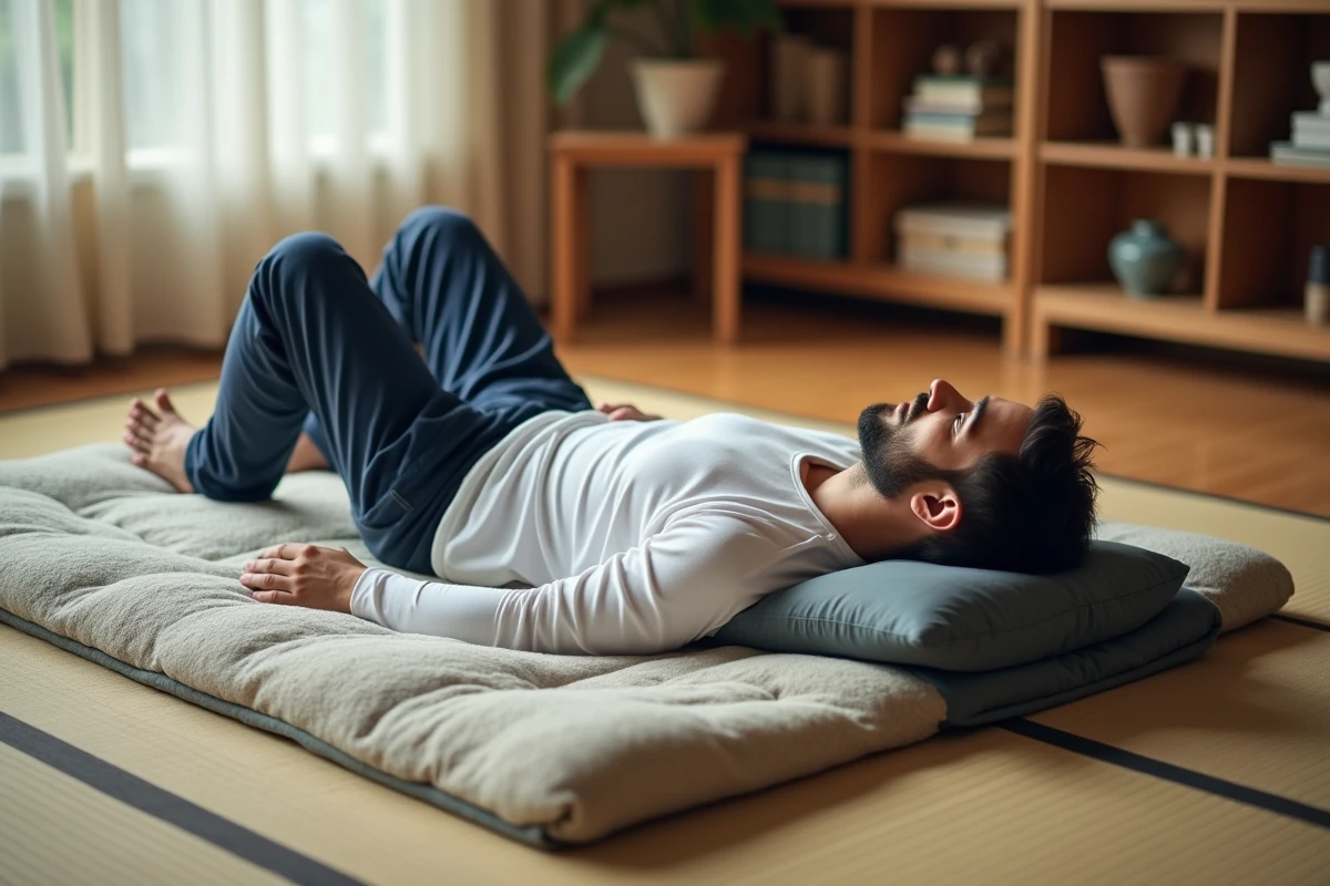 Homme allongé sur futon en tatami dans un salon lumineux