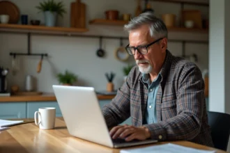 Homme d'âge moyen assemble un meuble dans une cuisine chaleureuse