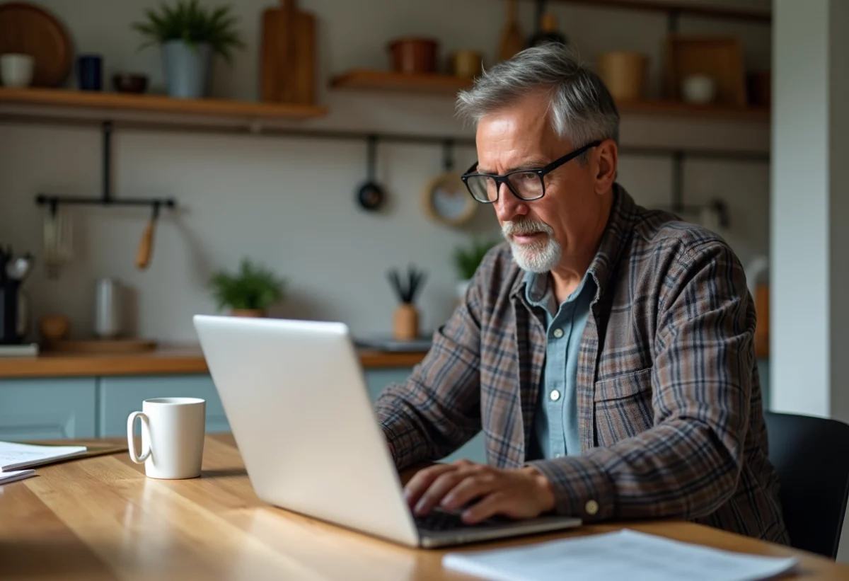 Homme d'âge moyen assemble un meuble dans une cuisine chaleureuse